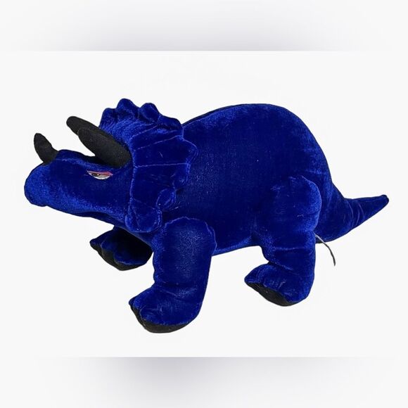 Vtg 90s BJ Toys Blue Dinosaur Stuffed Animal Plush Triceratops Cobalt Velour 15” - Picture 5 of 8